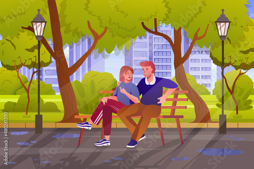 Couple in city garden concept in flat cartoon design. Loving man and woman hugging, talking and sitting on bench in summer city park with green trees. Illustration with people scene background