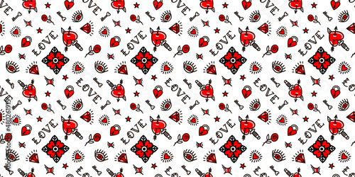 Old school tattoo seamless pattern with love symbols. Design For Valentines Day, Stilts, Wrapping Paper, Packaging, Textiles