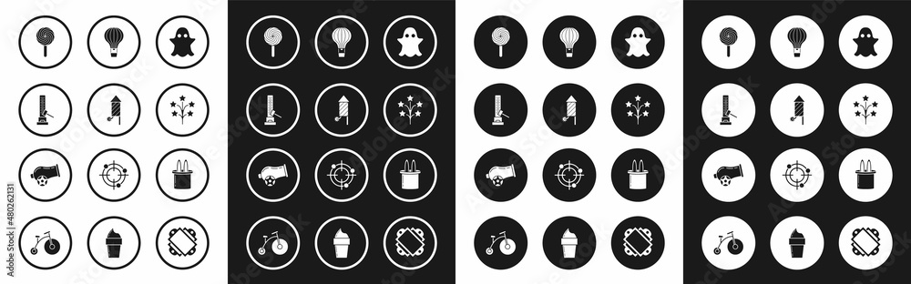 Set Ghost, Firework rocket, High striker attraction with big hammer, Lollipop, Fireworks, Hot air balloon, Magician hat and rabbit ears and Cannon icon. Vector Set Ghost, Firework rocket, High striker attraction with big hammer, Lollipop, Fireworks, Hot air balloon, Magician hat and rabbit ears and Cannon icon. Vector
