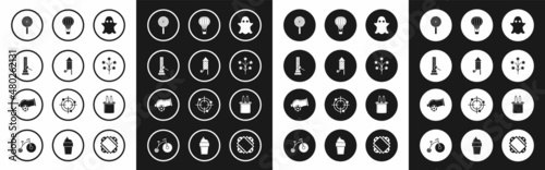 Set Ghost, Firework rocket, High striker attraction with big hammer, Lollipop, Fireworks, Hot air balloon, Magician hat and rabbit ears and Cannon icon. Vector