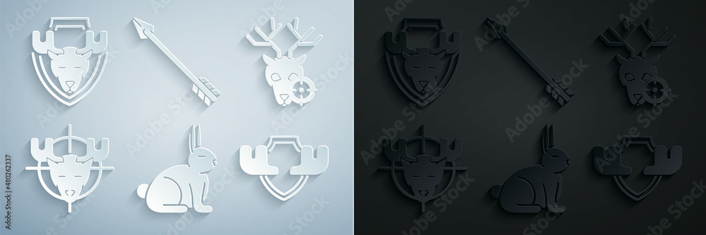 Set Rabbit, Hunt on deer with crosshairs, moose, Moose horns shield, Hipster arrow and head icon. Vector Set Rabbit, Hunt on deer with crosshairs, moose, Moose horns shield, Hipster arrow and head icon. Vector