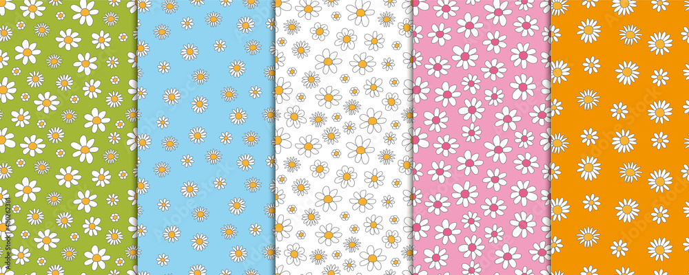 Blumenmuster, Set, nahtlos, Daisy, Kamille, farbenroh für Frühling und Ostern für Geschenk Verpackungen, Mode, Scrapbooking Blumenmuster, Set, nahtlos, Daisy, Kamille, farbenroh für Frühling und Ostern für Geschenk Verpackungen, Mode, Scrapbooking