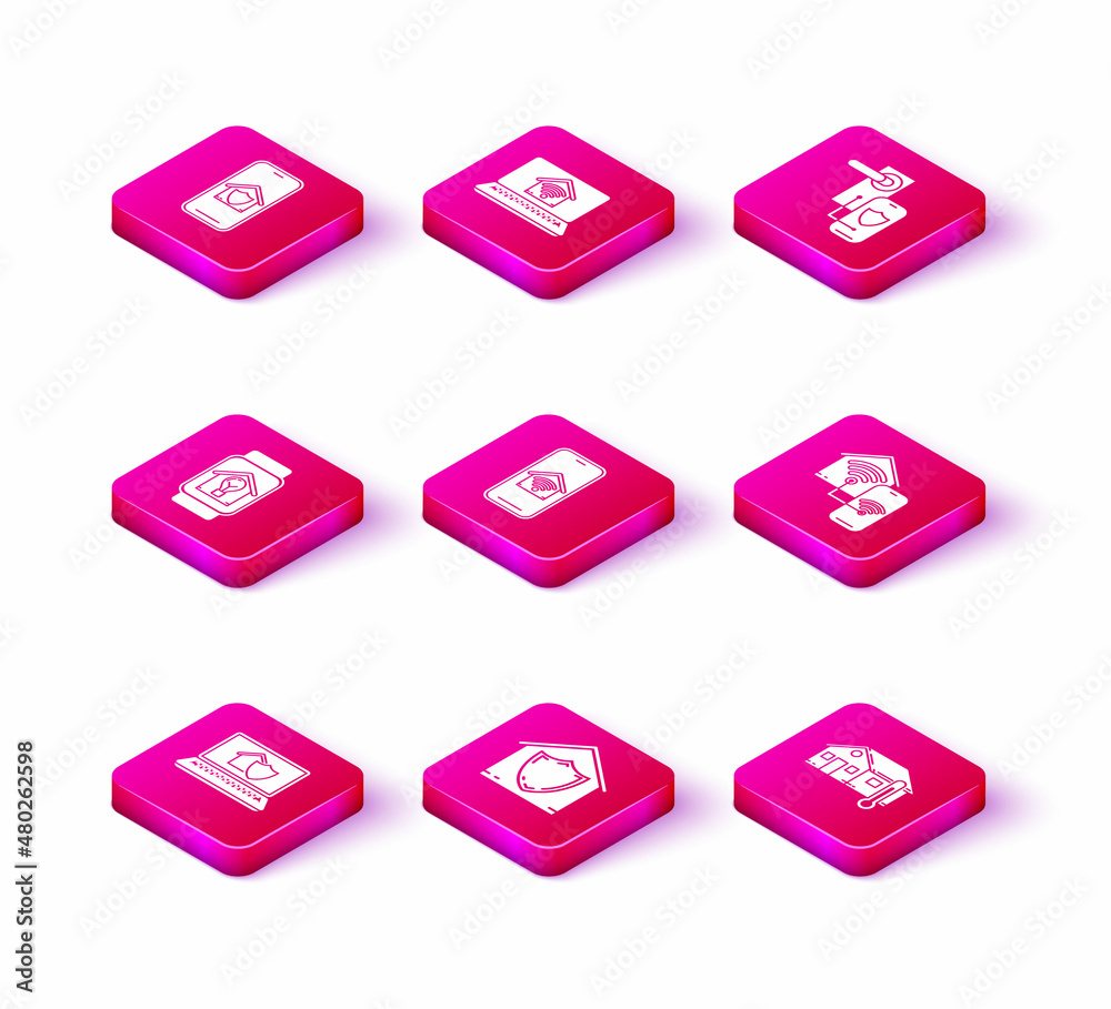 Set Laptop with house under protection, House, Smart watch smart and light bulb, Mobile phone home wi-fi, temperature, Digital door lock wireless technology for lock and icon. Vector Set Laptop with house under protection, House, Smart watch smart and light bulb, Mobile phone home wi-fi, temperature, Digital door lock wireless technology for lock and icon. Vector