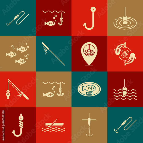 Set Fishing line with hook and float, water, net, and Location fishing icon. Vector