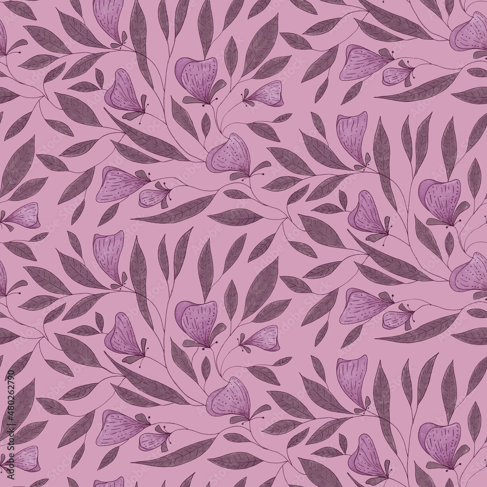Seamless watercolor flowers pattern. Drawing by hands