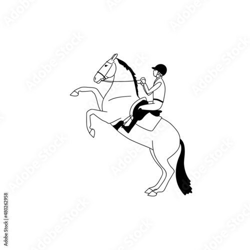 Rider and the horse perform a trick, the horse stands on its hind legs,black and white line art