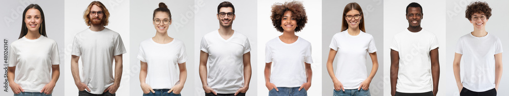 White t-shirt people collage of many men and women wearing blank tshirts  with copy space Stock Photo