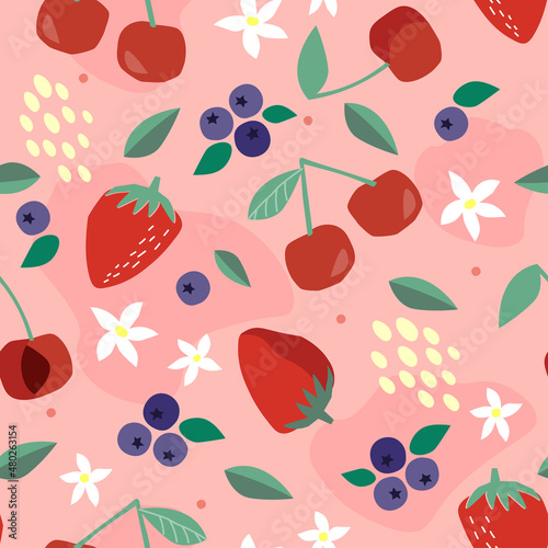 Seamless pattern with fruits and berries. Abstract silhouettes of cherries, strawberries, blueberries, leaves against a background of simple shapes. Healthy natural eco food. Vector graphics.
