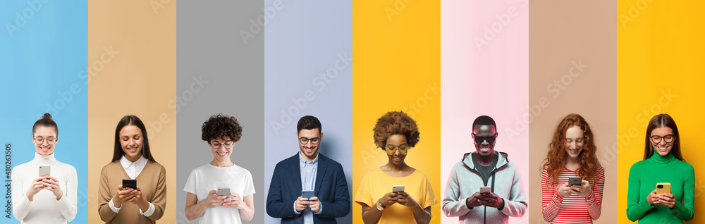 Obraz premium Group of smiling diverse people texting with phones, isolated on multicolored background