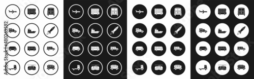 Foto Set Retro minivan, Cargo ship, Delivery cargo truck vehicle, Plane, Rocket with fire, Double decker bus, Off road and icon