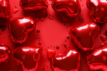 Frame made of heart-shaped air balloons for Valentine's day on red background