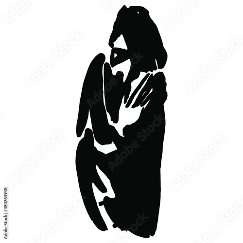 Male figure. Handsome bearded man wrapped in a coat. Jesus Christ. Black and white silhouette. Hand drawn sketch. Ink paint.