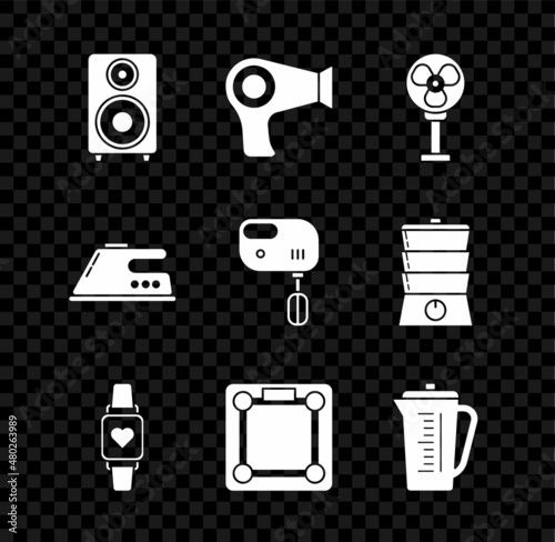 Set Stereo speaker, Hair dryer, Electric fan, Smart watch showing heart beat rate, Bathroom scales, Measuring cup, iron and mixer icon. Vector