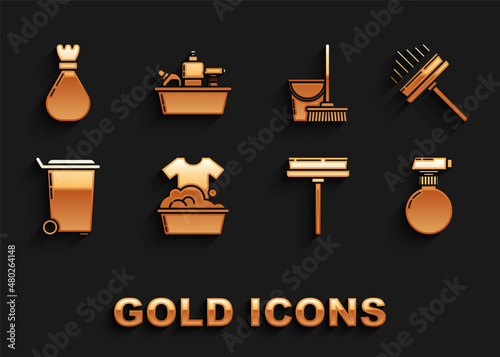 Set Plastic basin with soap suds, Squeegee, scraper, wiper, , Trash can, Mop and bucket, Garbage bag and bottles for liquid dishwashing liquid icon. Vector