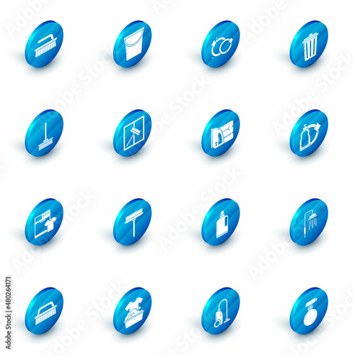 Set Bucket, Washing dishes, Trash can, Mop, Washer and t-shirt, Squeegee, scraper, wiper, Plastic bottles for liquid dishwashing liquid and Electric iron towel icon. Vector