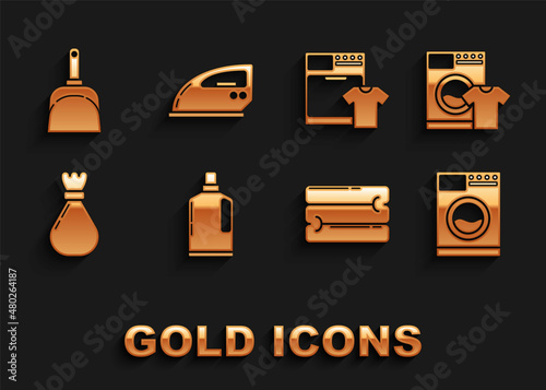 Set Plastic bottles for liquid dishwashing liquid, Washer and t-shirt, Towel stack, Garbage bag, Dustpan and Electric iron icon. Vector