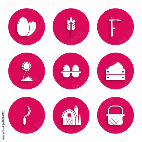 Set Chicken egg in box, Farm House concept, Shopping basket, Wooden with harvest, Sickle, Sunflower, Scythe and icon. Vector