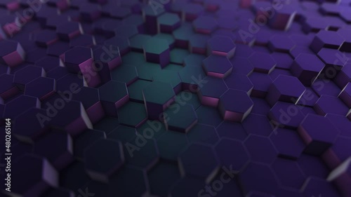 3D ANIMATION of purple HONEYCOMB moving HEXAGONAL mesh wall with shadows. Loop ANIMATION 4K UHD. FUTURISTIC design. Abstract background. Hexagon GEOMETRIC SURFACE. Digital motion GRAFICS.