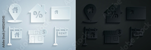 Set House with dollar symbol, Hanging sign text Online Sale, Rent, percant discount tag and Map pointer house icon. Vector