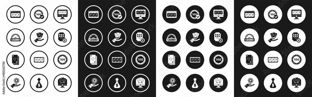 Set Online slot machine with lucky sevens jackpot, Hand holding deck of playing cards, Casino signboard, chips, and Playing heart icon. Vector Set Online slot machine with lucky sevens jackpot, Hand holding deck of playing cards, Casino signboard, chips, and Playing heart icon. Vector