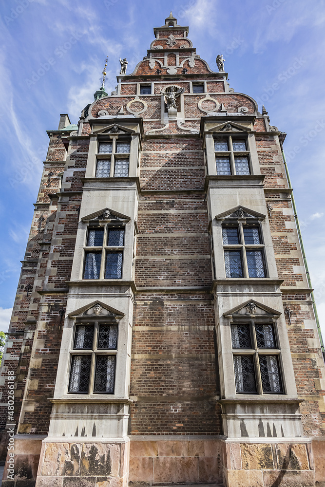 Fototapeta premium Architectural details of Medieval Rosenborg Castle. Rosenborg Castle built by one of the most famous Scandinavian kings Christian IV, in the early 17th century. Copenhagen, Zealand, Denmark.