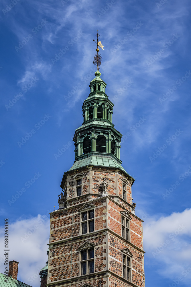 Architectural details of Medieval Rosenborg Castle. Rosenborg Castle built by one of the most famous Scandinavian kings Christian IV, in the early 17th century. Copenhagen, Zealand, Denmark.