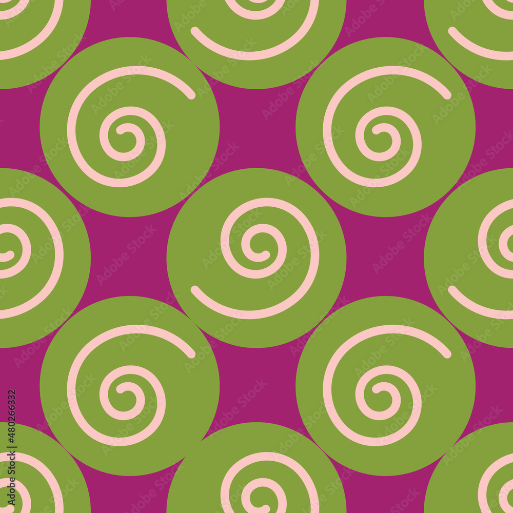 Abstract geometric circle seamless pattern. Green circles and spiral on purple background.