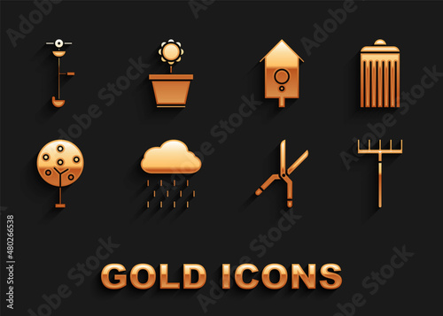 Set Cloud with rain, Trash can, Garden rake, Gardening handmade scissors, Tree, Retro wall watch, Grass weed electric string trimmer and Flower pot icon. Vector