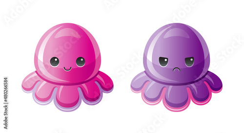 Octopus plush toy. Stuffed mood octopus, child isolated soft toy set. Cute color antistress logo. Two different sides - happy pink and sad violet. Sea trendy logo. Popular Girl anti stress toys.