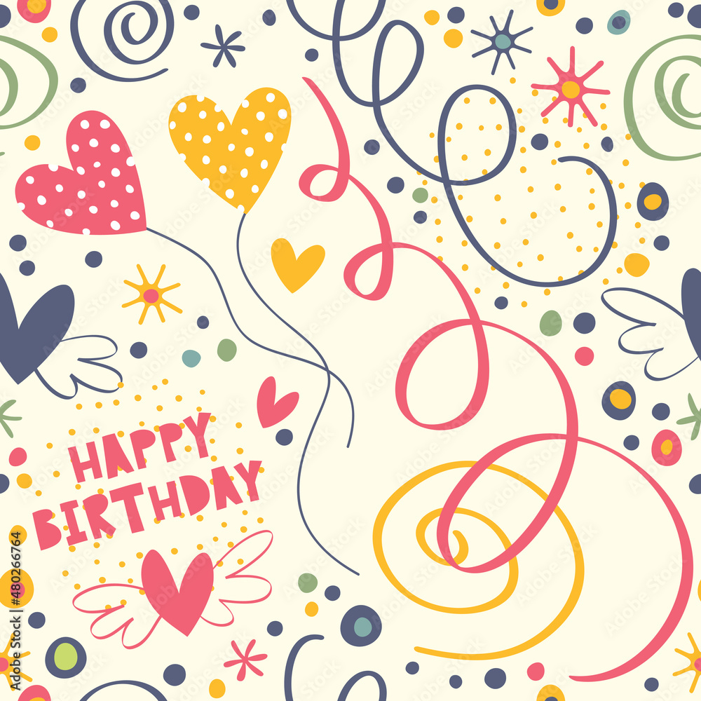 Fototapeta premium Happy Birthday. Seamless pattern with streamers, confetti and gifts for your design.