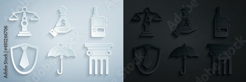 Set Umbrella, Walkie talkie, Tie, Law pillar, Hand holding money bag and Scales of justice icon. Vector