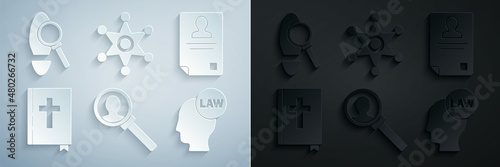Set Magnifying glass for search, Identification badge, Holy bible book, Head with law, Hexagram sheriff and footsteps icon. Vector