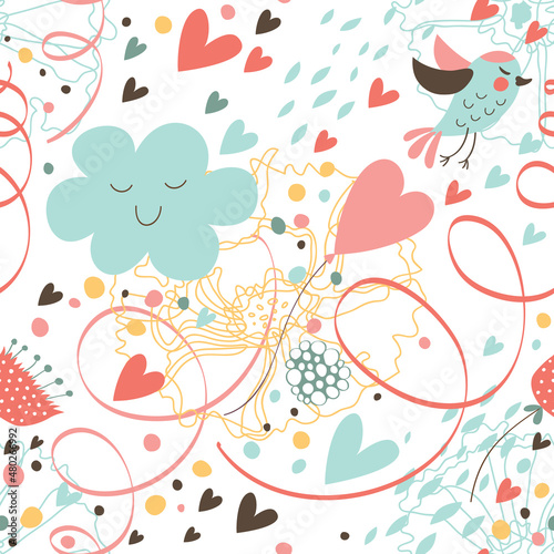 Seamless cute pattern with birds, serpentine, clouds and hearts.