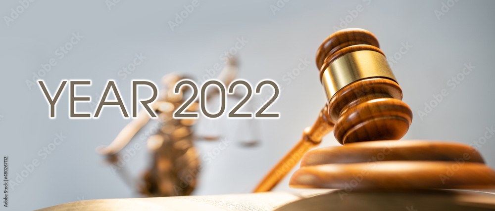 Statue of lady justice on bright background - Side view with copy space. year 2022 change of law