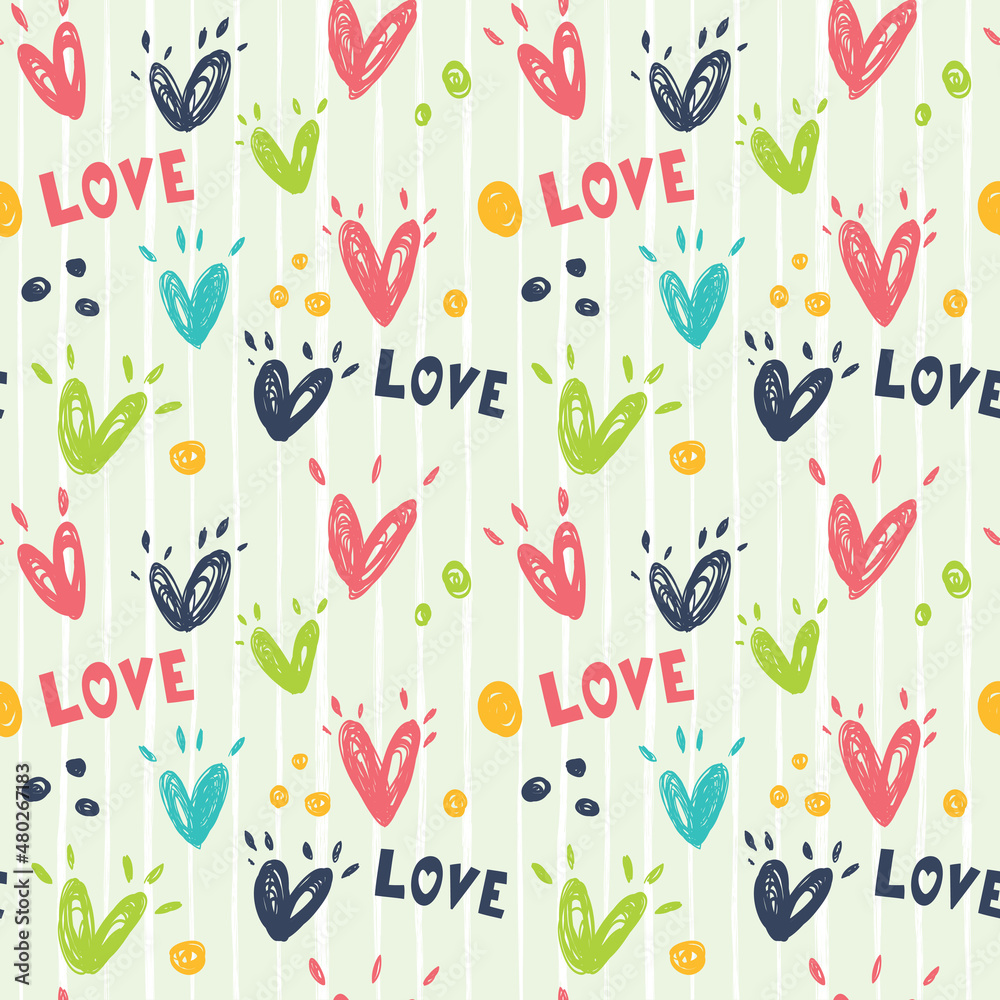 Bright seamless pattern with hearts and word love. Bright seamless pattern with hearts and word love.