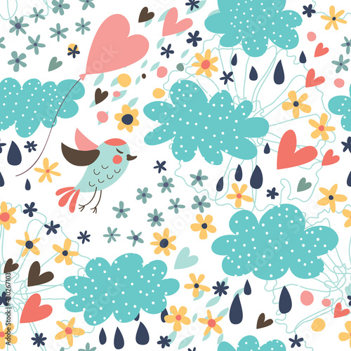 Seamless romantic pattern with cute birds, clouds and hearts.