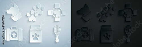 Set Bag of food for pet, Veterinary clinic symbol, Pet first aid kit, Hair brush dog and cat, Paw print and Cat icon. Vector