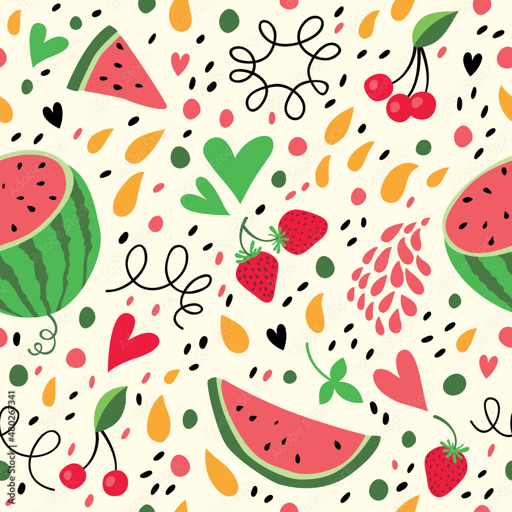 Seamless pattern with watermelons, pineapples, apples and pears.