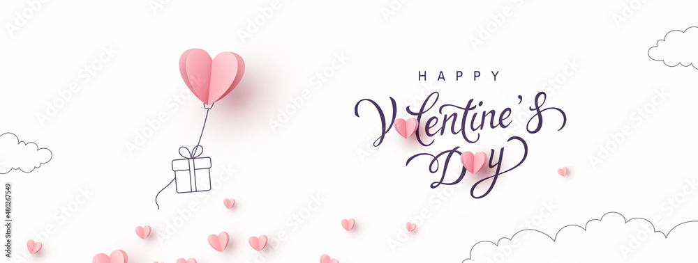Valentine's Day postcard with paper flying elements and gift box on white sky background. Romantic poster. Vector symbols of love in shape of heart for greeting card design Valentine's Day postcard with paper flying elements and gift box on white sky background. Romantic poster. Vector symbols of love in shape of heart for greeting card design