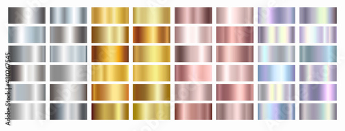 Gold rose, silver, holographic, bronze and golden foil texture gradation background set. Vector shiny hologram metalic gradient collection for border, frame, ribbon, label design