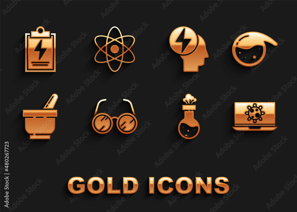 Set Laboratory glasses, Test tube and flask chemical, Bacteria on laptop, Mortar pestle, Head electric symbol, clipboard with checklist and Atom icon. Vector Set Laboratory glasses, Test tube and flask chemical, Bacteria on laptop, Mortar pestle, Head electric symbol, clipboard with checklist and Atom icon. Vector
