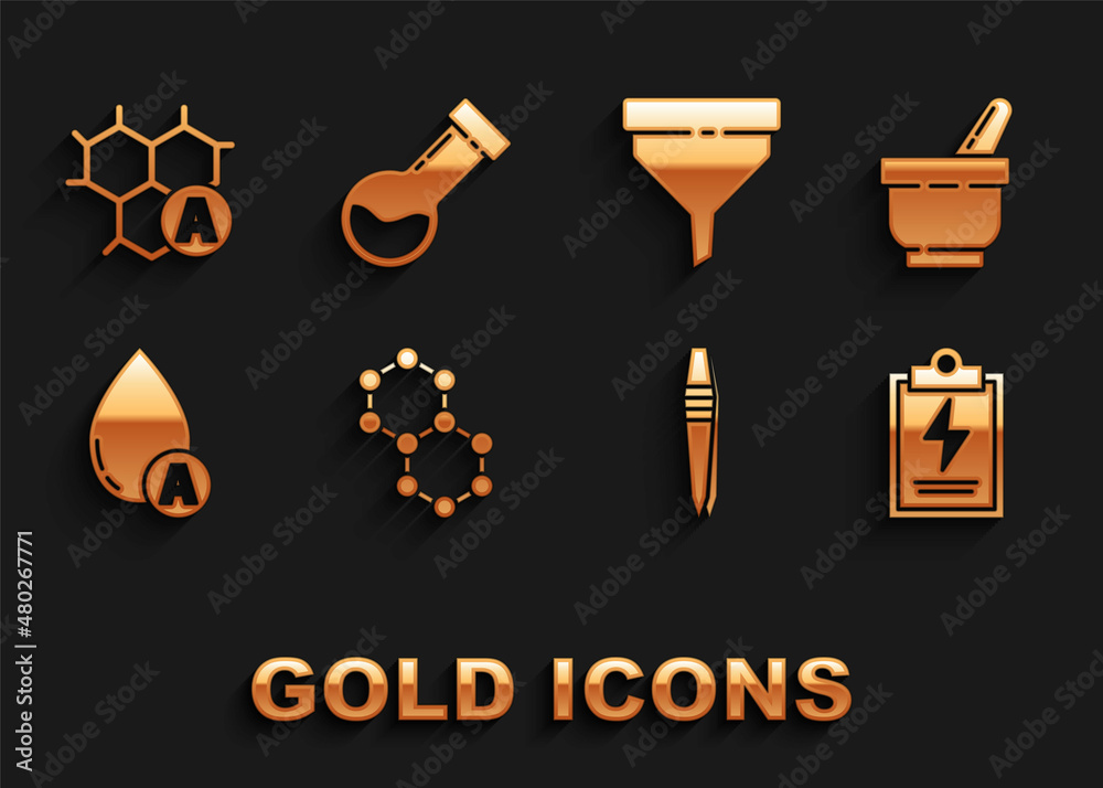 Set Molecule, Mortar and pestle, Laboratory clipboard with checklist, Tweezers, Water drop, Funnel filter, Chemical formula and Test tube flask chemical icon. Vector Set Molecule, Mortar and pestle, Laboratory clipboard with checklist, Tweezers, Water drop, Funnel filter, Chemical formula and Test tube flask chemical icon. Vector