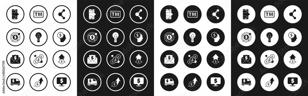Set Share, Light bulb, Target with dollar symbol, Smartphone, mobile phone, Business man planning mind, Trademark, Financial growth and coin and Envelope icon. Vector