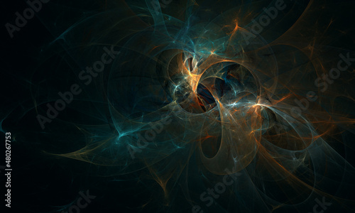 Far fictional galaxies  space holes and portals  glowing starry clusters and nebulas in deep dark cosmic abyss. Abstract artistic 3d illustration. Great as background  cover print for electronics.
