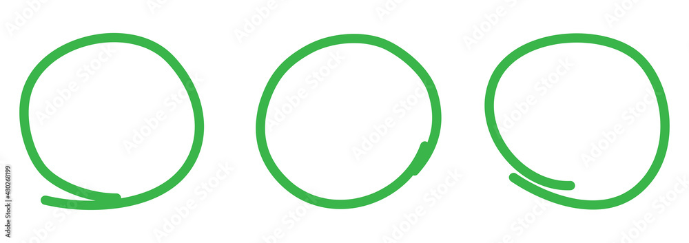 Green circle pen draw set. Highlight hand drawn circle isolated on