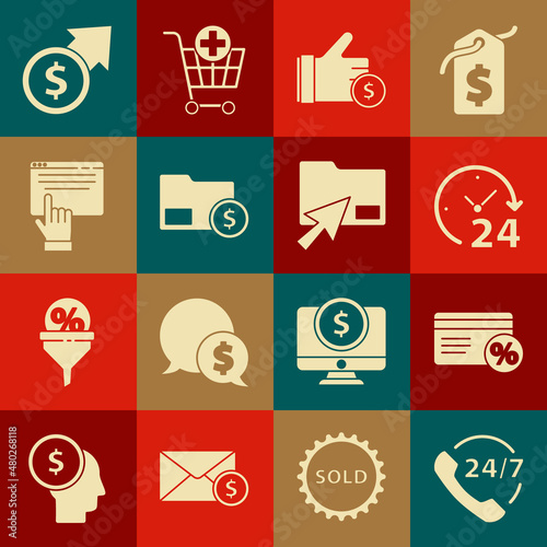 Set Telephone 24 hours support, Discount card with percent, Clock, Hand holding coin, Envelope dollar, Online shopping screen, Financial growth and Cursor click document folder icon. Vector