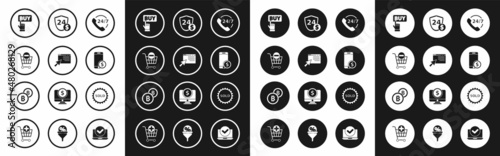 Set Telephone 24 hours support, Online shopping screen, Remove cart, Buy button, Smartphone with dollar, Shield, Sold label and Cryptocurrency coin Bitcoin icon. Vector