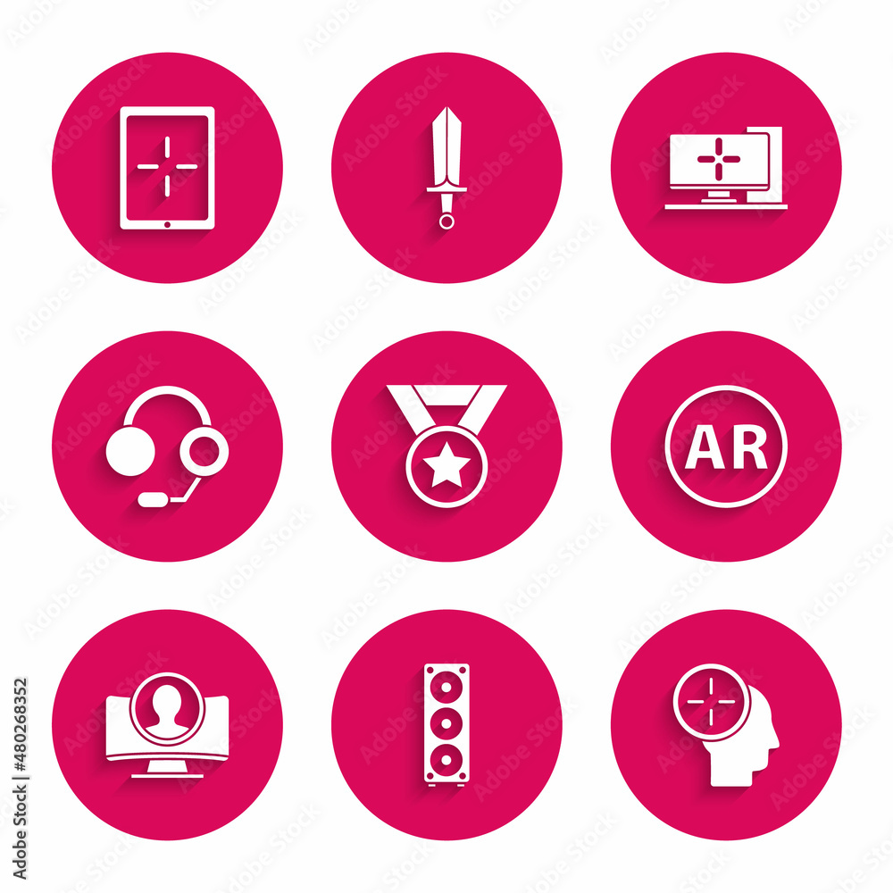 Set Medal, Stereo speaker, Head hunting concept, Ar, augmented reality, Create account screen, Headphones, Computer monitor and Tablet icon. Vector