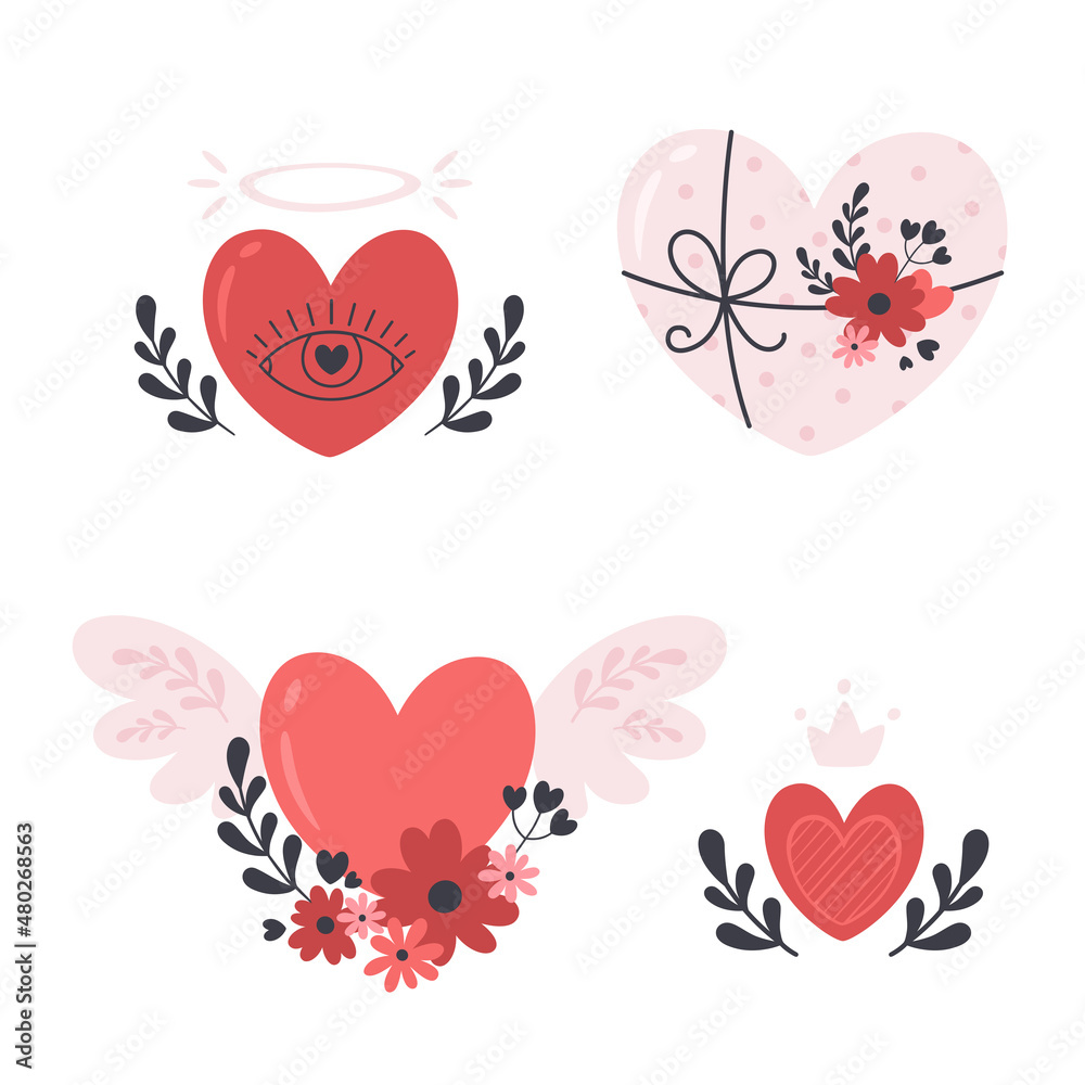 Valentines Day, romantic and love objects. Heart shape elements collection. Vector illustration.