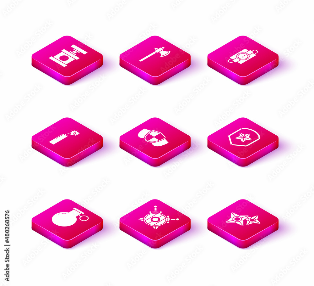 Set Hand grenade, Wooden shield with crossed swords, Dynamite bomb stick clock, Shield, Japanese ninja shuriken, Police badge, dynamite timer and Medieval axe icon. Vector Set Hand grenade, Wooden shield with crossed swords, Dynamite bomb stick clock, Shield, Japanese ninja shuriken, Police badge, dynamite timer and Medieval axe icon. Vector